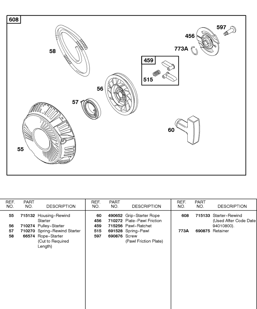 Rewind Starter 2 Diagram and Parts List for 85432-0235-A1  Briggs and Stratton Engine
